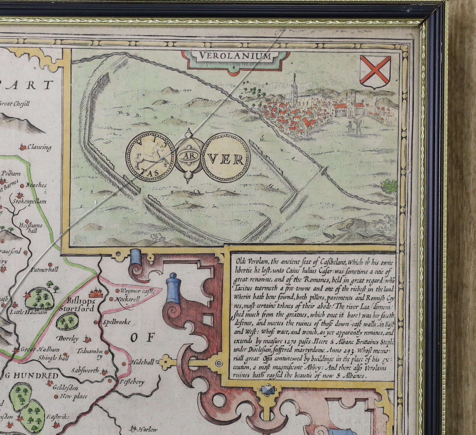John Speede, coloured engraving, map of Hertfordshire, 39 x 50cm